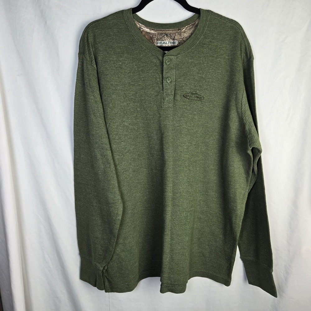 Realtree Waffle Knit Thermal Henley Long Sleeve Shirt Mens XL Green Hunting Hike